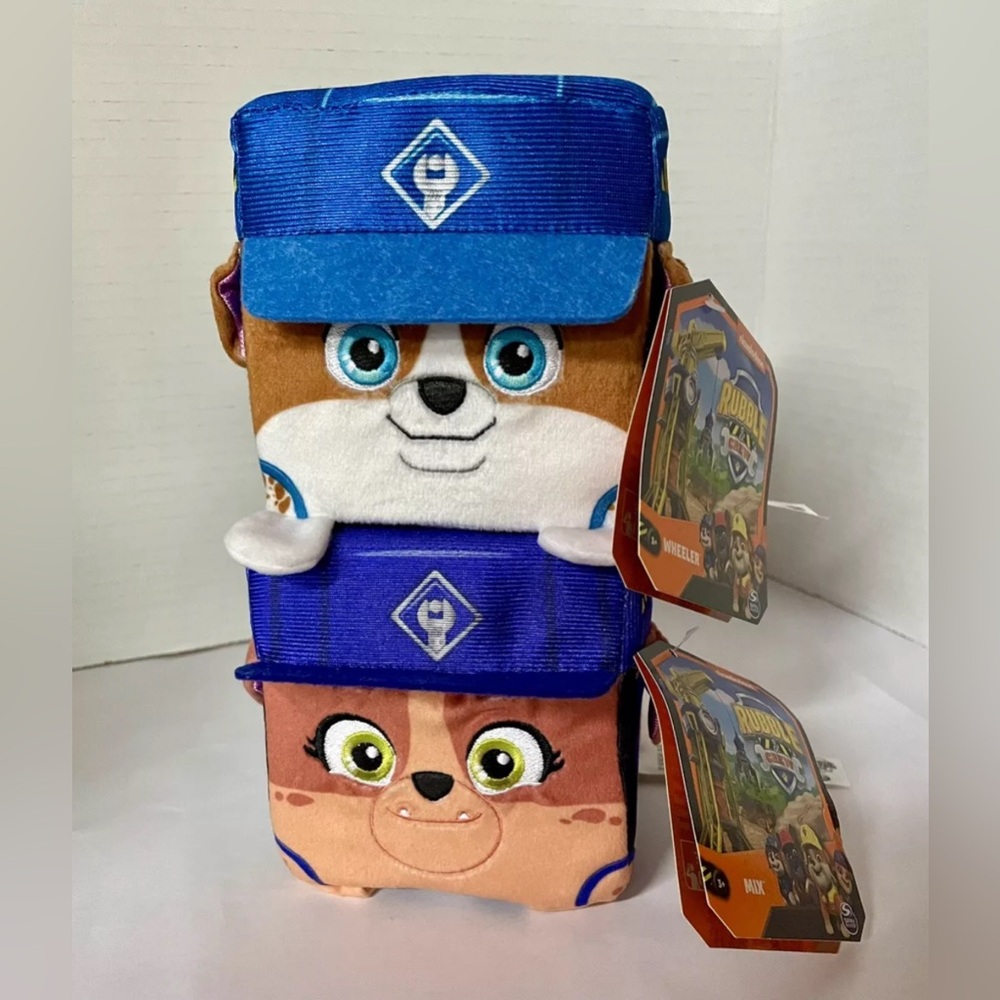 2 New Paw Patrol Rubble & Crew 4” Cube Shaped Plush Toy Ages 3+ Wheeler & Mix